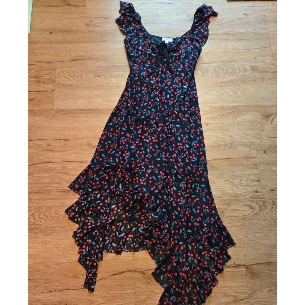 Stitch & Pine Cherry Print Ruffle High Low Midi Dress Black Red Womens Size M
